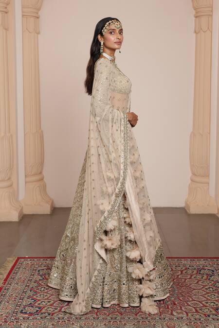 Buy_Arpita Mehta_Gold Net, Organza Embroidery, Zari, Mirrors Plunge Paisley Bridal Lehenga Set _Online_at_Aza_Fashions