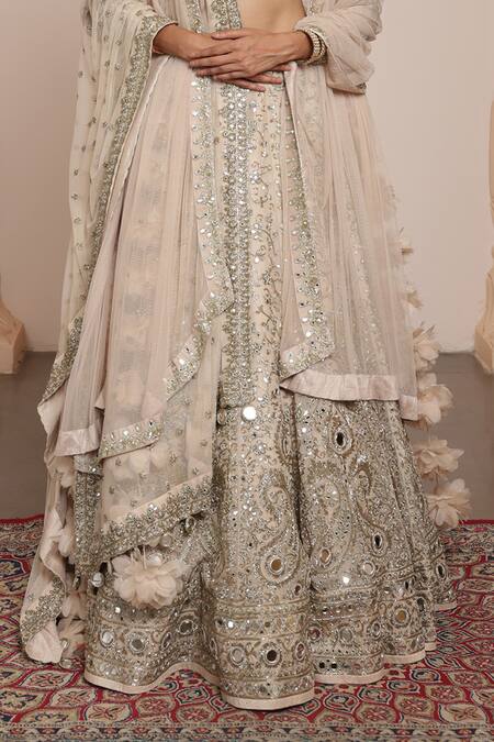 Shop_Arpita Mehta_Gold Net, Organza Embroidery, Zari, Mirrors Plunge Paisley Bridal Lehenga Set _Online_at_Aza_Fashions