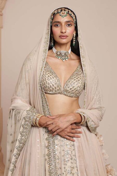 Arpita Mehta_Gold Net, Organza Embroidery, Zari, Mirrors Plunge Paisley Bridal Lehenga Set _at_Aza_Fashions