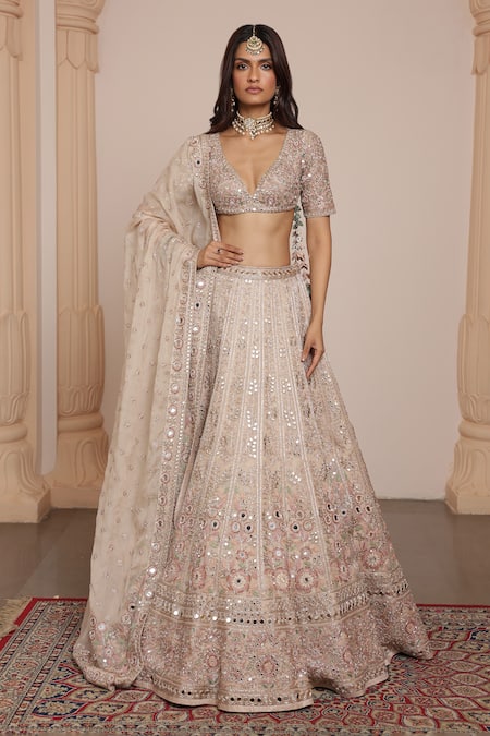 Shop_Arpita Mehta_Gold Net, Organza Zari, Mirrors, Embroidery Threadwork Bridal Lehenga Set _Online_at_Aza_Fashions