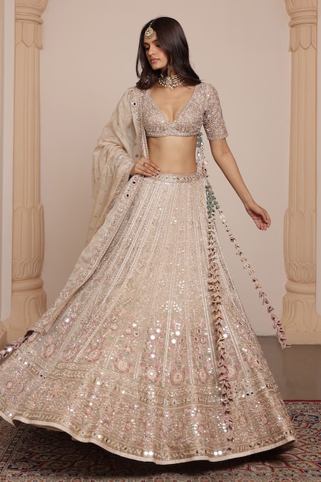 Arpita Mehta_Gold Net, Organza Zari, Mirrors, Embroidery Threadwork Bridal Lehenga Set _at_Aza_Fashions