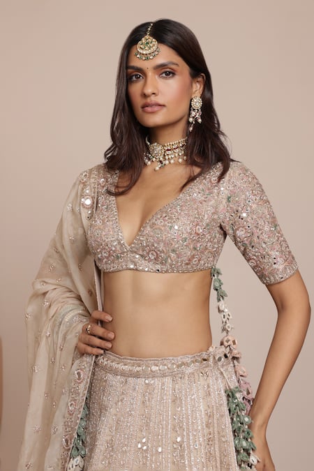 Buy_Arpita Mehta_Gold Net, Organza Zari, Mirrors, Embroidery Threadwork Bridal Lehenga Set 