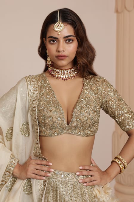 Arpita Mehta Gold Organza, Net Zari, Mirrors, Embroidery Floral Stripe Bridal Lehenga Set at Aza Fashions Arpita Mehta_Gold Organza, Net Zari, Mirrors, Embroidery Floral Stripe Bridal Lehenga Set _at_Aza_Fashions