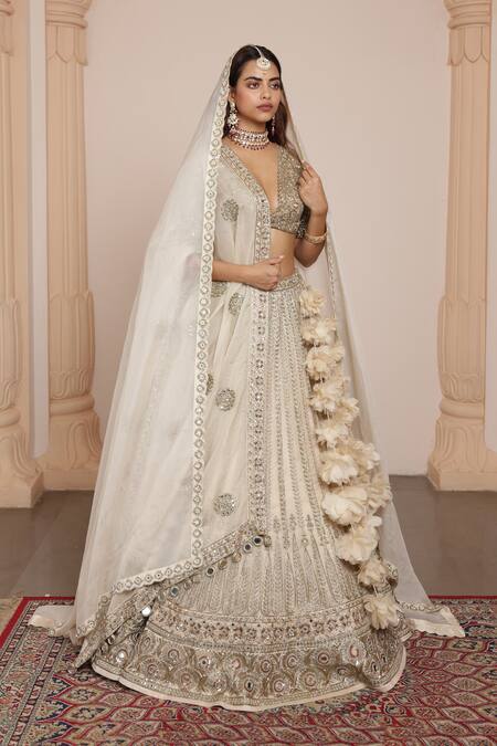 Buy Arpita Mehta Gold Organza, Net Zari, Mirrors, Embroidery Floral Stripe Bridal Lehenga Set Buy_Arpita Mehta_Gold Organza, Net Zari, Mirrors, Embroidery Floral Stripe Bridal Lehenga Set