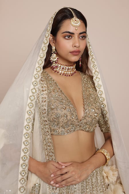Shop Arpita Mehta Gold Organza, Net Zari, Mirrors, Embroidery Floral Stripe Bridal Lehenga Set Shop_Arpita Mehta_Gold Organza, Net Zari, Mirrors, Embroidery Floral Stripe Bridal Lehenga Set