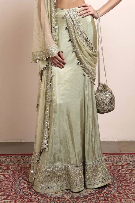 Arpita Mehta_Green Net, Tissue Pearls, Sequins, Mirrors Embroidered Hem Godet Saree Set _Online_at_Aza_Fashions