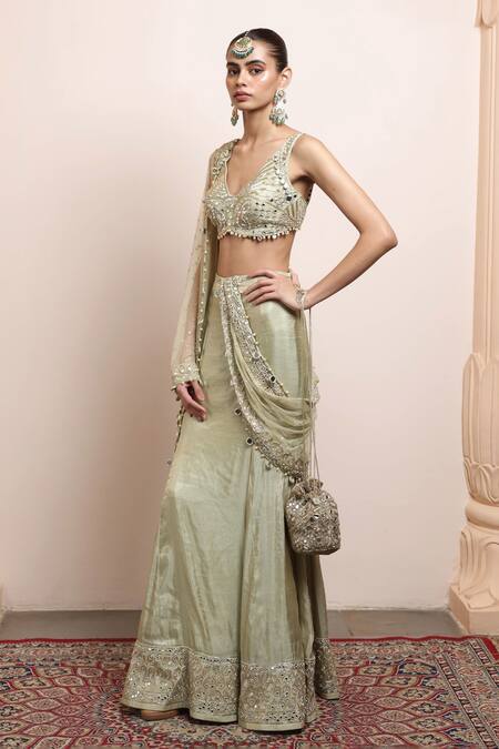 Buy_Arpita Mehta_Green Net, Tissue Pearls, Sequins, Mirrors Embroidered Hem Godet Saree Set _Online_at_Aza_Fashions