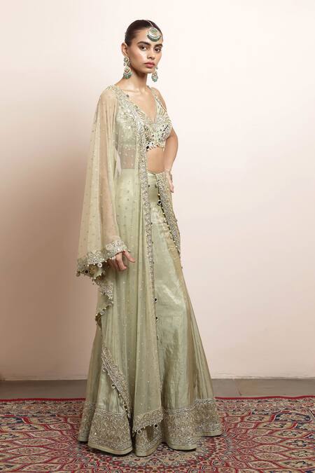 Shop_Arpita Mehta_Green Net, Tissue Pearls, Sequins, Mirrors Embroidered Hem Godet Saree Set _Online_at_Aza_Fashions