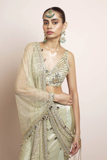 Arpita Mehta_Green Net, Tissue Pearls, Sequins, Mirrors Embroidered Hem Godet Saree Set _at_Aza_Fashions
