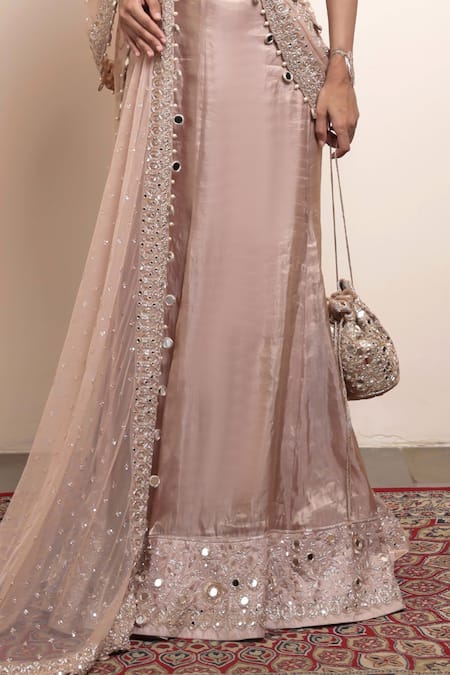 Arpita Mehta_Pink Net, Tissue Pearls, Sequins Mirrorwork Embellished Hem Godet Saree Set _Online_at_Aza_Fashions