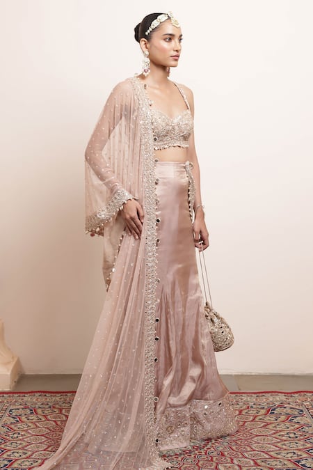 Buy_Arpita Mehta_Pink Net, Tissue Pearls, Sequins Mirrorwork Embellished Hem Godet Saree Set _Online_at_Aza_Fashions