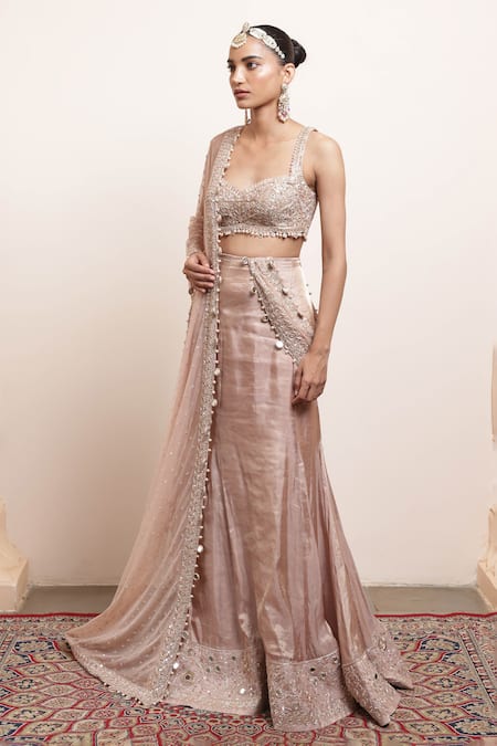 Shop_Arpita Mehta_Pink Net, Tissue Pearls, Sequins Mirrorwork Embellished Hem Godet Saree Set _Online_at_Aza_Fashions