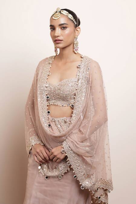 Arpita Mehta_Pink Net, Tissue Pearls, Sequins Mirrorwork Embellished Hem Godet Saree Set _at_Aza_Fashions