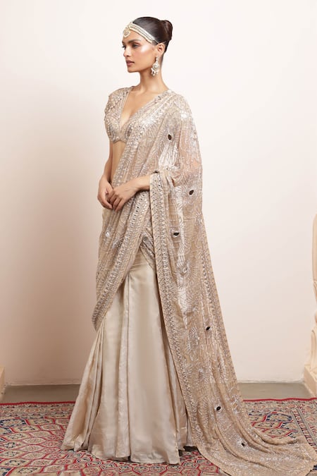 Arpita Mehta_Rose Gold Net, Tissue Metallic Mermaid Godet Saree Set With Embellished Blouse _Online_at_Aza_Fashions