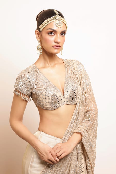 Shop_Arpita Mehta_Rose Gold Net, Tissue Metallic Mermaid Godet Saree Set With Embellished Blouse _Online_at_Aza_Fashions