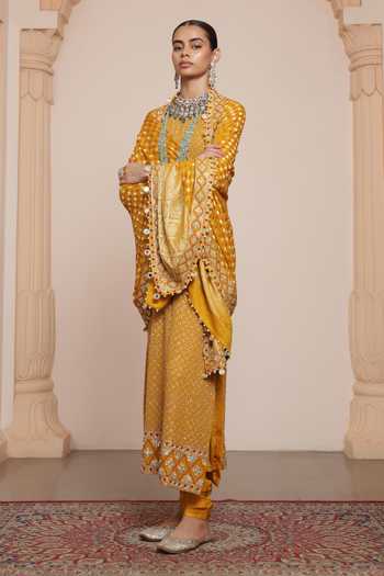 Shop Arpita Mehta Yellow Georgette, Silk, Dupion Floral Butti Kurta Set With Bandhani Dupatta at Aza Fashions Shop_Arpita Mehta_Yellow Georgette, Silk, Dupion Floral Butti Kurta Set With Bandhani Dupatta _at_Aza_Fashions