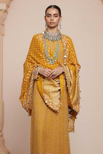 Arpita Mehta Yellow Georgette, Silk, Dupion Floral Butti Kurta Set With Bandhani Dupatta Online at Aza Fashions Arpita Mehta_Yellow Georgette, Silk, Dupion Floral Butti Kurta Set With Bandhani Dupatta _Online_at_Aza_Fashions