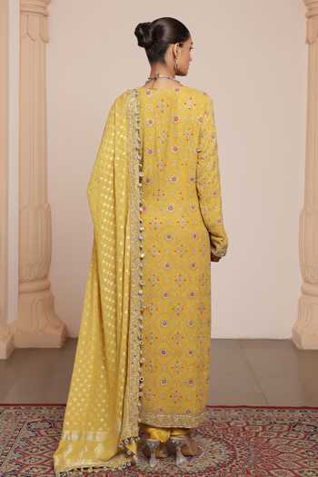 Shop Arpita Mehta Yellow Georgette, Silk, Dupion Sequins, Floral Vine Embellished Kurta Set at Aza Fashions Shop_Arpita Mehta_Yellow Georgette, Silk, Dupion Sequins, Floral Vine Embellished Kurta Set _at_Aza_Fashions
