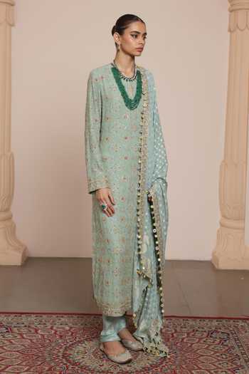 Arpita Mehta_Blue Georgette, Dupion, Silk Zari, Sequins, Embellished Floral Vine Kurta Set _Online_at_Aza_Fashions