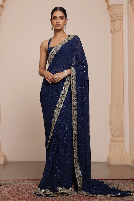 Arpita Mehta Blue Georgette Embellished Zari Square Tonal Sequin Saree With Blouse 