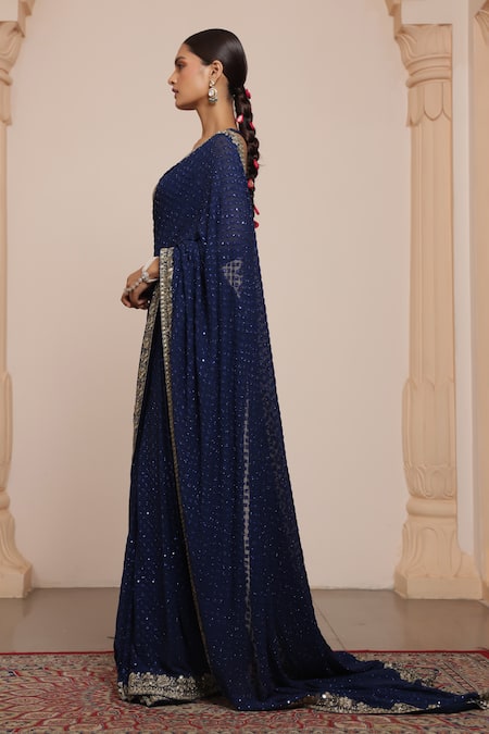 Arpita Mehta_Blue Georgette Sequins, Mirrors Square Neck Tonal Embellished Saree With Blouse _Online_at_Aza_Fashions