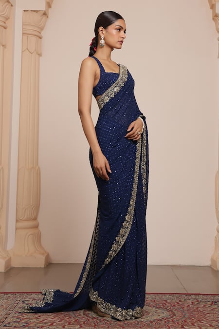 Buy_Arpita Mehta_Blue Georgette Sequins, Mirrors Square Neck Tonal Embellished Saree With Blouse _Online_at_Aza_Fashions