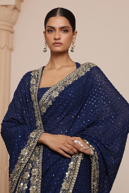 Shop_Arpita Mehta_Blue Georgette Sequins, Mirrors Square Neck Tonal Embellished Saree With Blouse _Online_at_Aza_Fashions