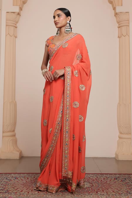 Arpita Mehta Orange Georgette, Cotton Satin Sequins, Floral Mandala Saree With Blouse Online at Aza Fashions Arpita Mehta_Orange Georgette, Cotton Satin Sequins, Floral Mandala Saree With Blouse _Online_at_Aza_Fashions
