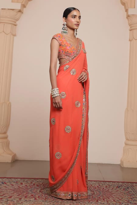 Buy Arpita Mehta Orange Georgette, Cotton Satin Sequins, Floral Mandala Saree With Blouse Online at Aza Fashions Buy_Arpita Mehta_Orange Georgette, Cotton Satin Sequins, Floral Mandala Saree With Blouse _Online_at_Aza_Fashions