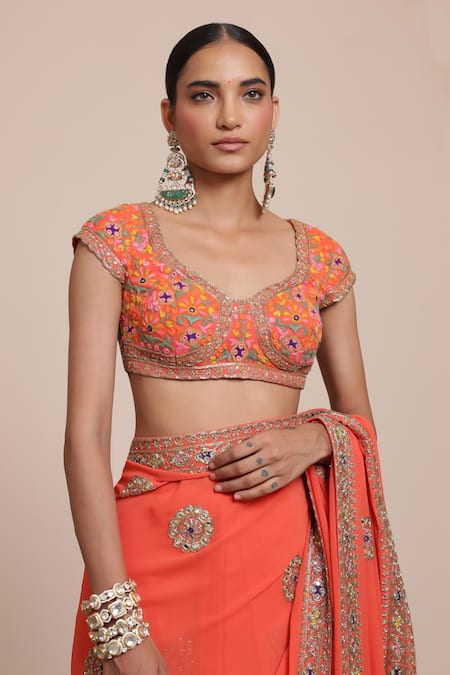 Shop Arpita Mehta Orange Georgette, Cotton Satin Sequins, Floral Mandala Saree With Blouse Online at Aza Fashions Shop_Arpita Mehta_Orange Georgette, Cotton Satin Sequins, Floral Mandala Saree With Blouse _Online_at_Aza_Fashions