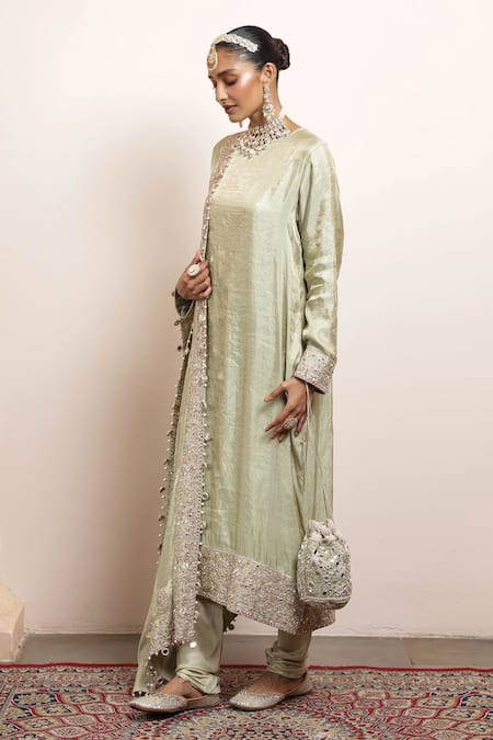 Arpita Mehta_Green Tissue, Silk, Chanderi Embroidery, Zari, Placement Kurta Churidar Set _Online_at_Aza_Fashions