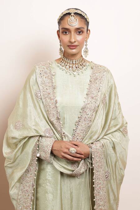 Shop_Arpita Mehta_Green Tissue, Silk, Chanderi Embroidery, Zari, Placement Kurta Churidar Set _Online_at_Aza_Fashions