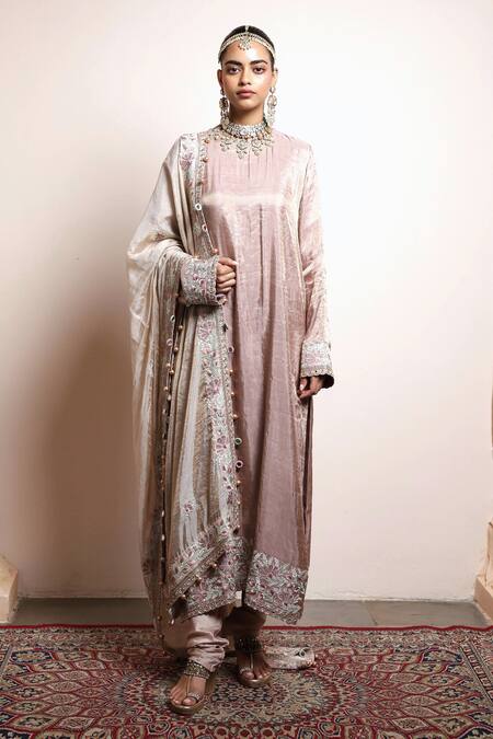 Arpita Mehta_Pink Tissue, Silk, Chanderi Zari, Placement Straight Kurta Churidar Set _Online_at_Aza_Fashions