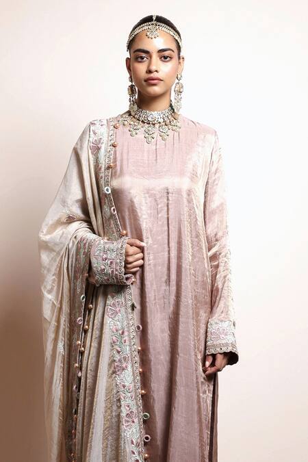Buy_Arpita Mehta_Pink Tissue, Silk, Chanderi Zari, Placement Straight Kurta Churidar Set _Online_at_Aza_Fashions