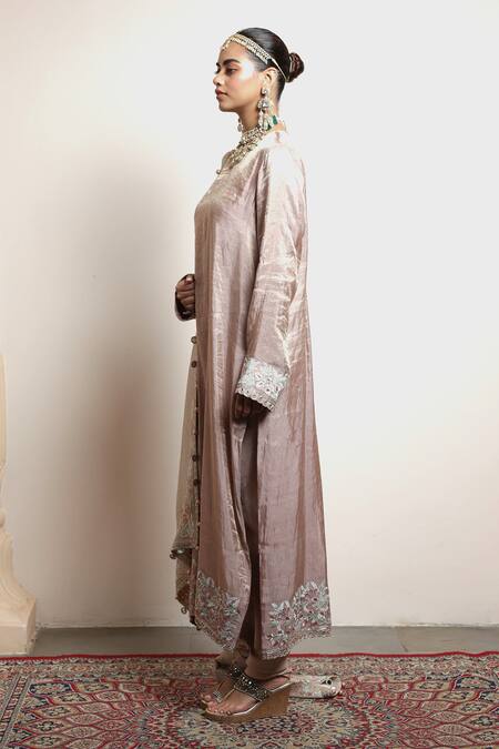 Shop_Arpita Mehta_Pink Tissue, Silk, Chanderi Zari, Placement Straight Kurta Churidar Set _Online_at_Aza_Fashions