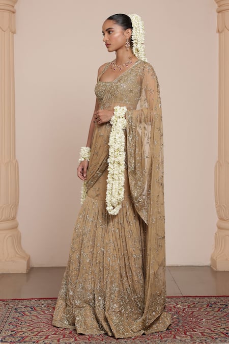 Arpita Mehta_Beige Net Sequins, Zari, Embroidery Square Floral Pre-draped Saree With Blouse _Online_at_Aza_Fashions