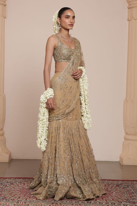 Buy_Arpita Mehta_Beige Net Sequins, Zari, Embroidery Square Floral Pre-draped Saree With Blouse _Online_at_Aza_Fashions