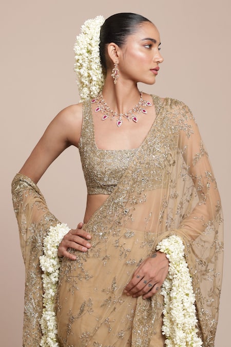 Shop_Arpita Mehta_Beige Net Sequins, Zari, Embroidery Square Floral Pre-draped Saree With Blouse _Online_at_Aza_Fashions
