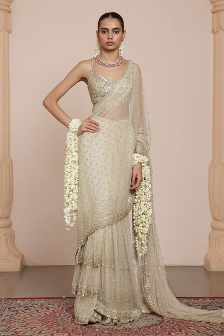 Arpita Mehta Ivory Net Embroidery Mother Of Pearl Paan Neck Pre-draped Saree With Blouse 