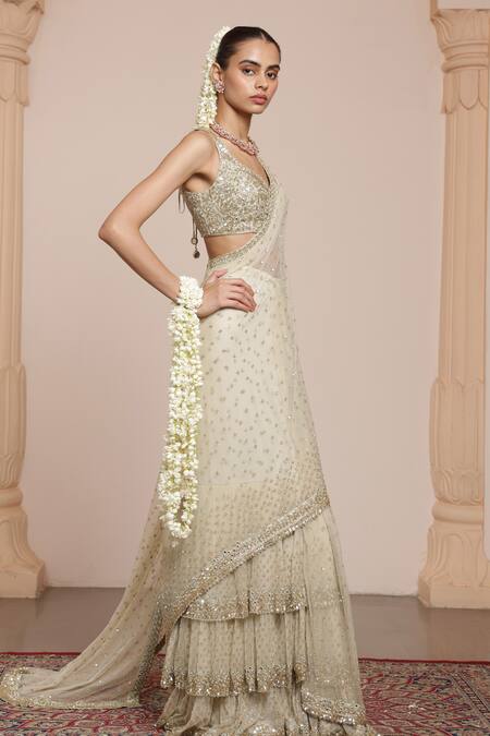 Arpita Mehta_Ivory Net Sequins, Mother Of Pearl Embroidered Pre-draped Saree With Blouse _Online_at_Aza_Fashions