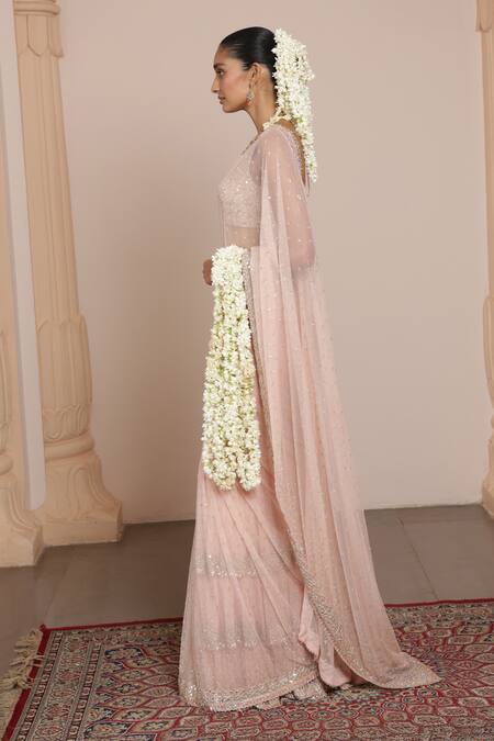 Arpita Mehta_Pink Net Sequins, Mirrors Polo Collar Embroidered Pre-draped Saree With Blouse _Online_at_Aza_Fashions
