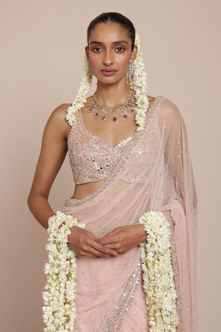 Shop_Arpita Mehta_Pink Net Sequins, Mirrors Polo Collar Embroidered Pre-draped Saree With Blouse _Online_at_Aza_Fashions