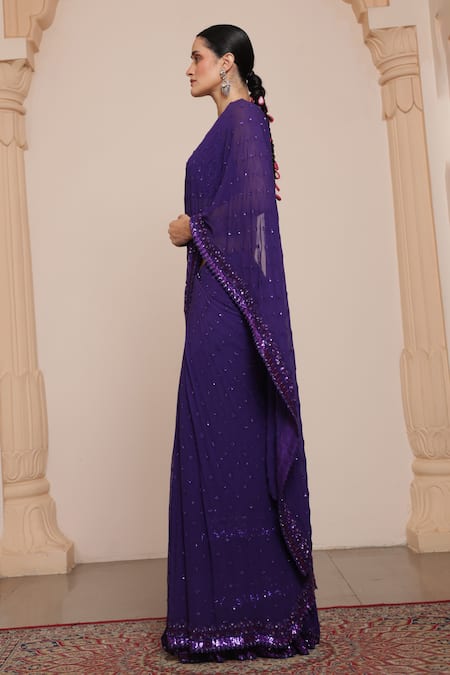 Arpita Mehta_Purple Georgette Sequins, Mirrors Square Embroidered Ruffle Saree With Blouse _Online_at_Aza_Fashions