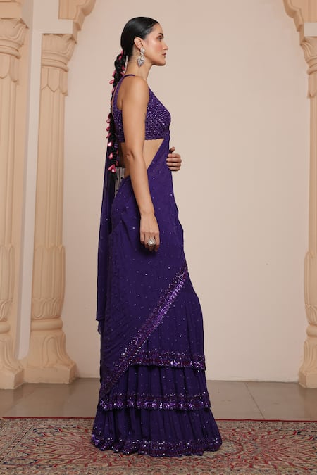 Buy_Arpita Mehta_Purple Georgette Sequins, Mirrors Square Embroidered Ruffle Saree With Blouse _Online_at_Aza_Fashions