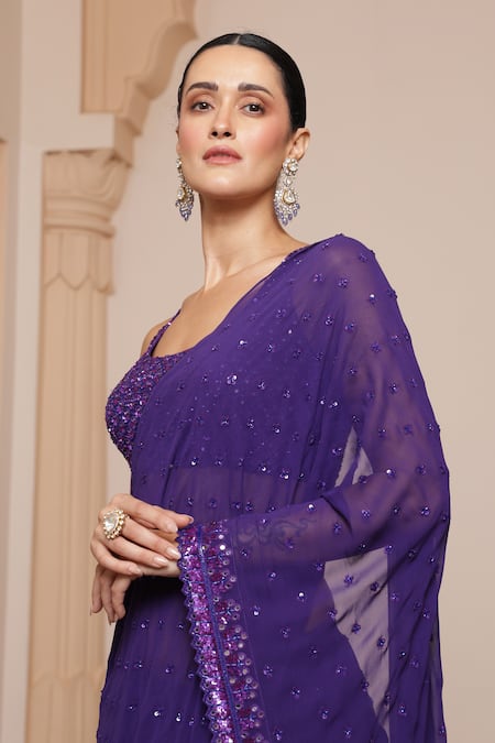 Shop_Arpita Mehta_Purple Georgette Sequins, Mirrors Square Embroidered Ruffle Saree With Blouse _Online_at_Aza_Fashions