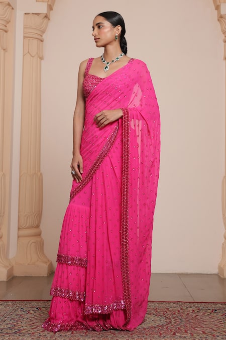 Arpita Mehta_Pink Georgette Embroidery, Sequins, Mirrors Butti Pre-draped Saree With Blouse _Online_at_Aza_Fashions