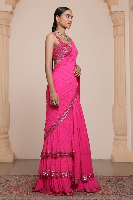 Buy_Arpita Mehta_Pink Georgette Embroidery, Sequins, Mirrors Butti Pre-draped Saree With Blouse _Online_at_Aza_Fashions