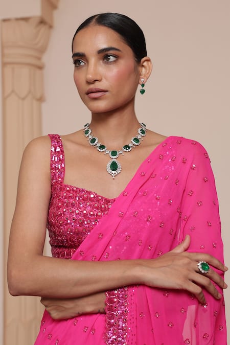 Shop_Arpita Mehta_Pink Georgette Embroidery, Sequins, Mirrors Butti Pre-draped Saree With Blouse _Online_at_Aza_Fashions