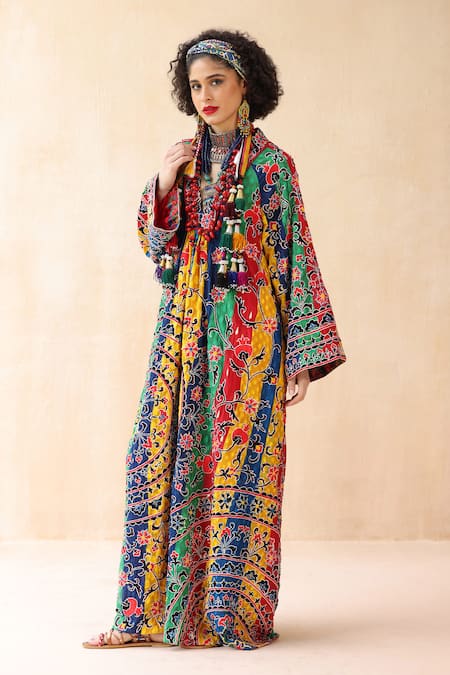 Payal Jain Multi Color Cotton Printed Floral Stripe Plunge V Neck Embroidered Kaftan