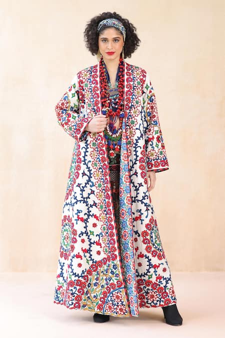 Payal Jain Off White Cotton Embroidery Thread Open Patchwork Jacket